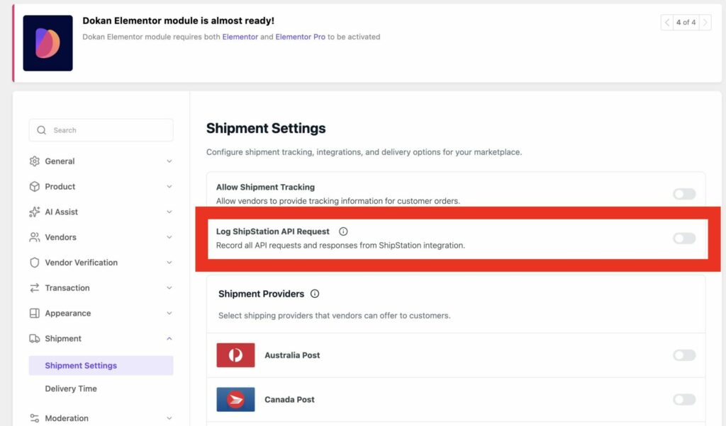 This is a screenshot of Dokan general settings