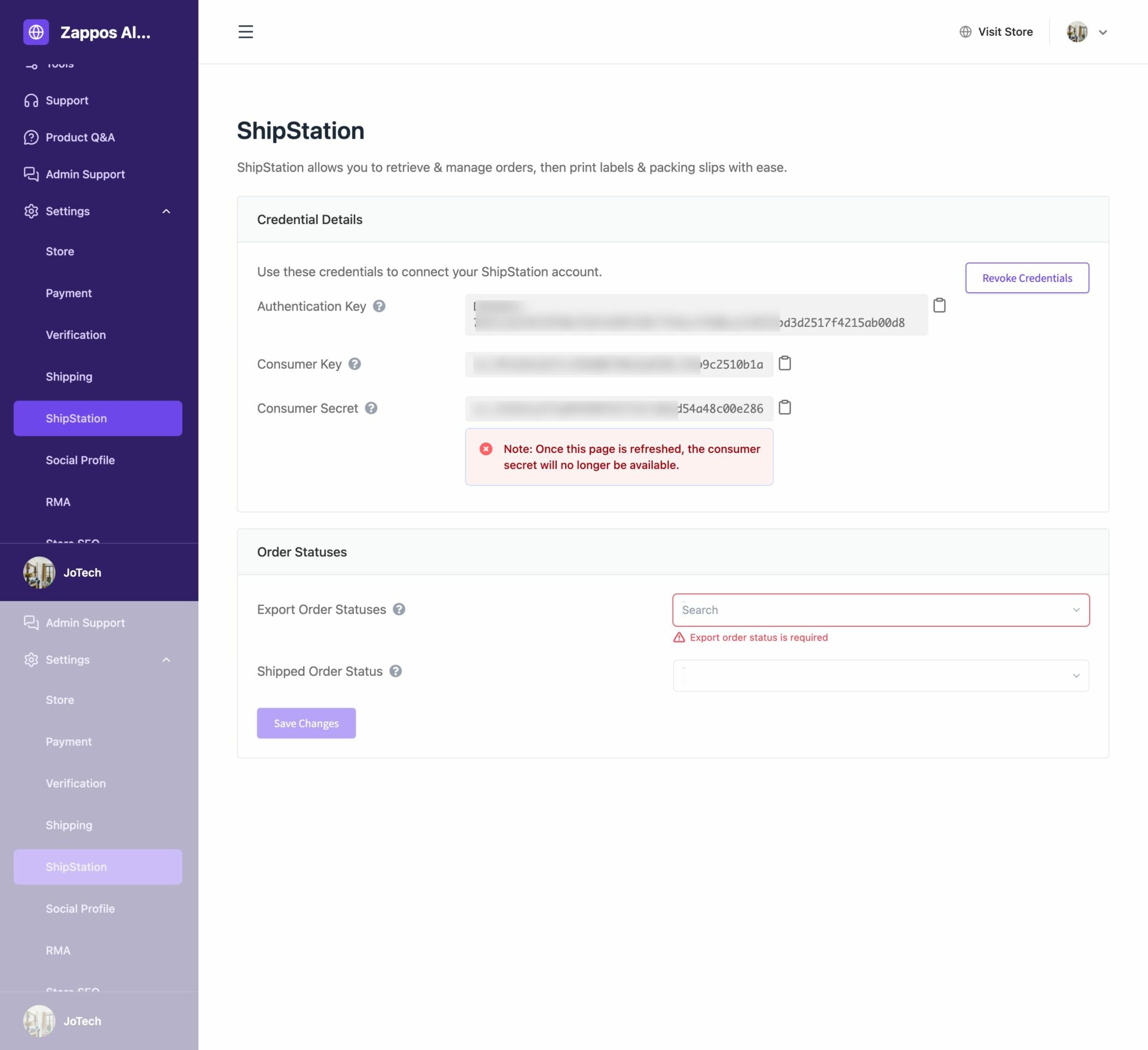 This is a screenshot of keys generated in the vendor dashboard