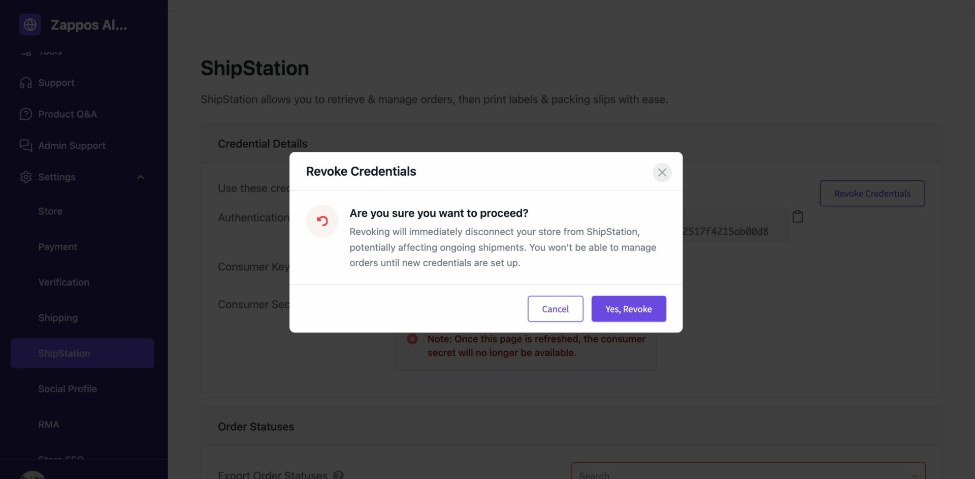 This is a screenshot of revoke credentials