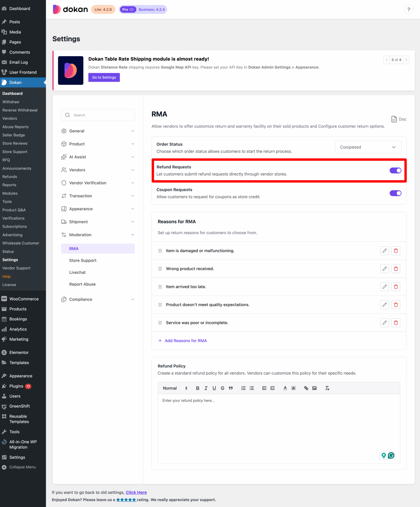 This is a screenshot of enable refund requests