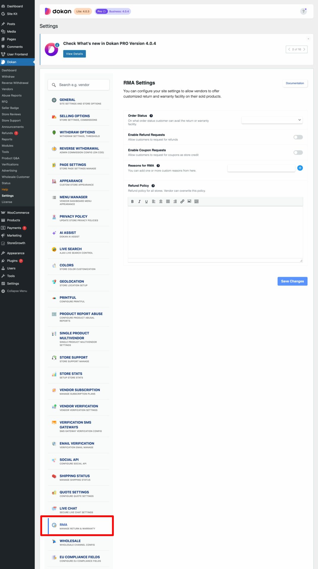 This is a screenshot of RMA settings