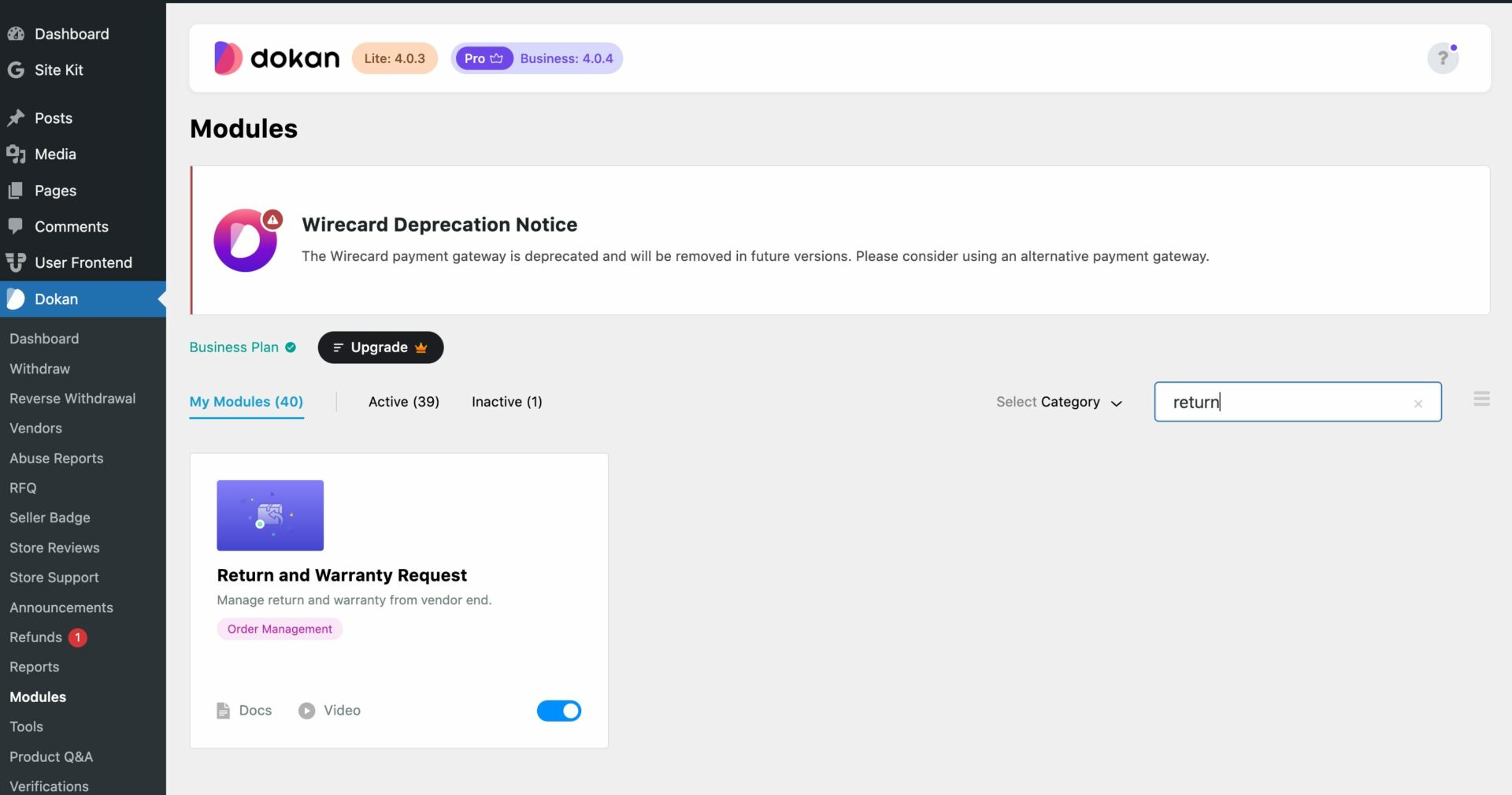 This is a screenshot of RMA module enabled