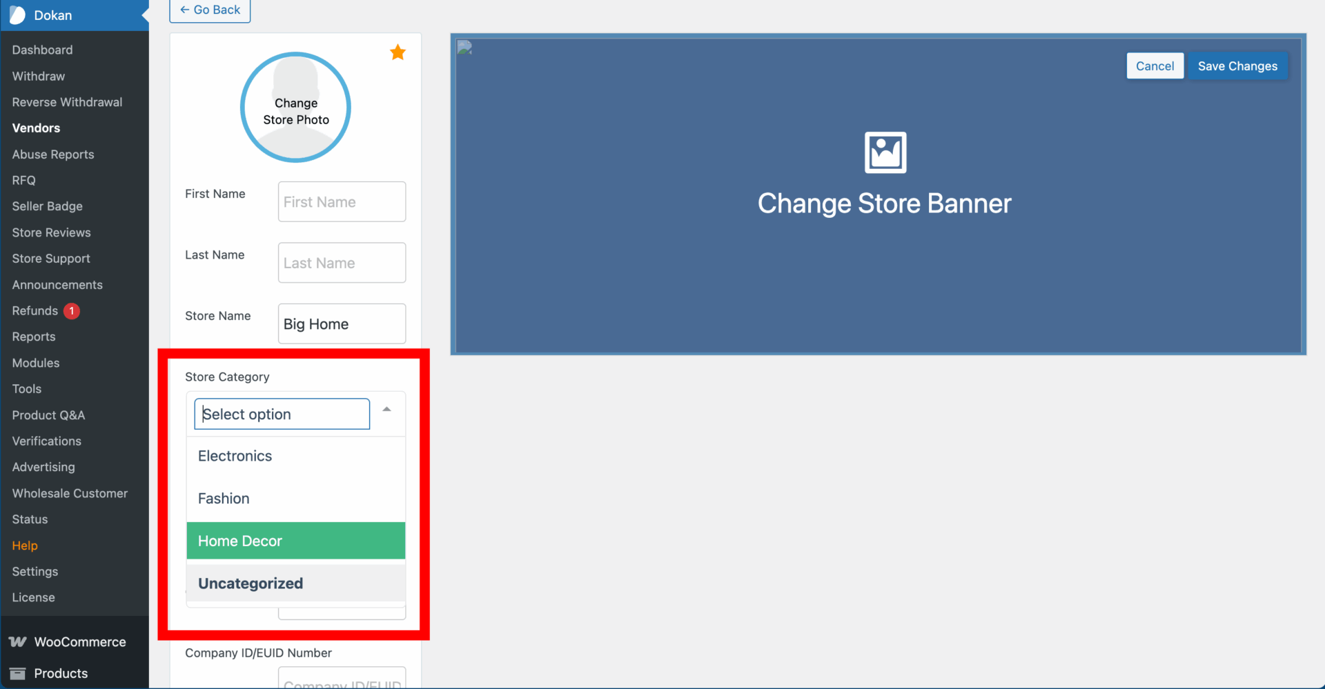 This is a screenshot of category selection dropdown