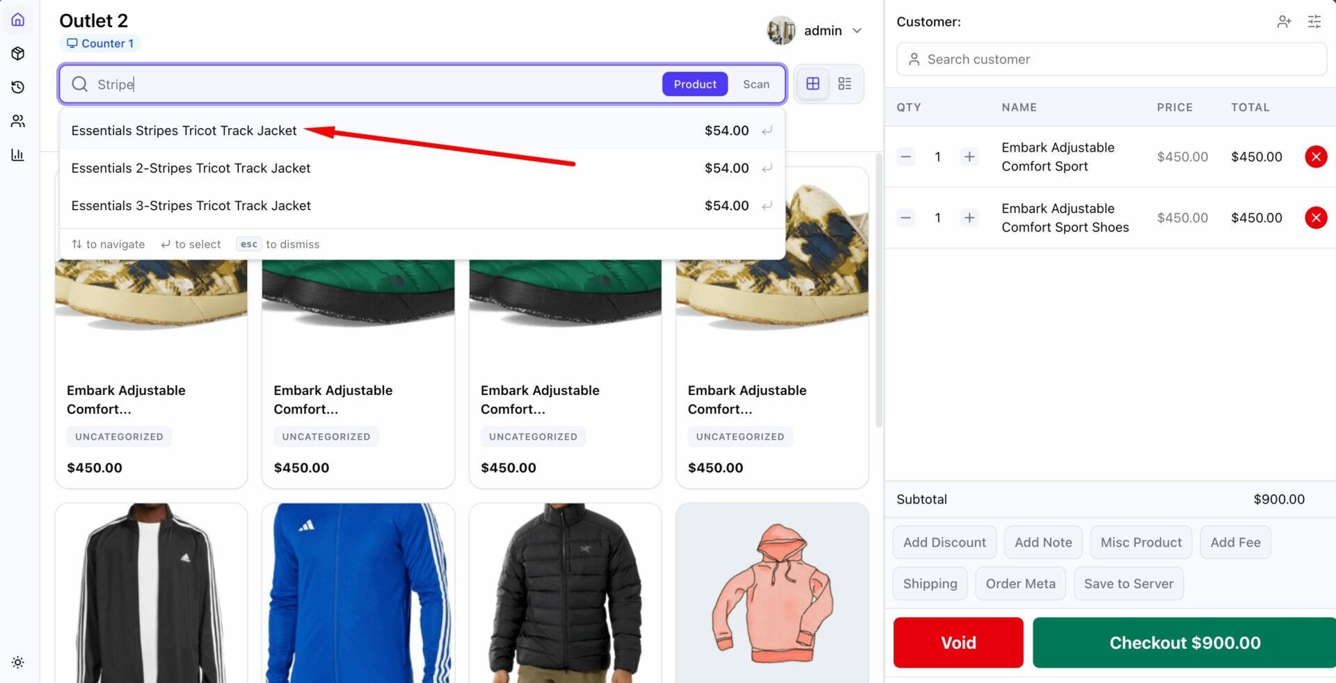 Product select from the dropdown