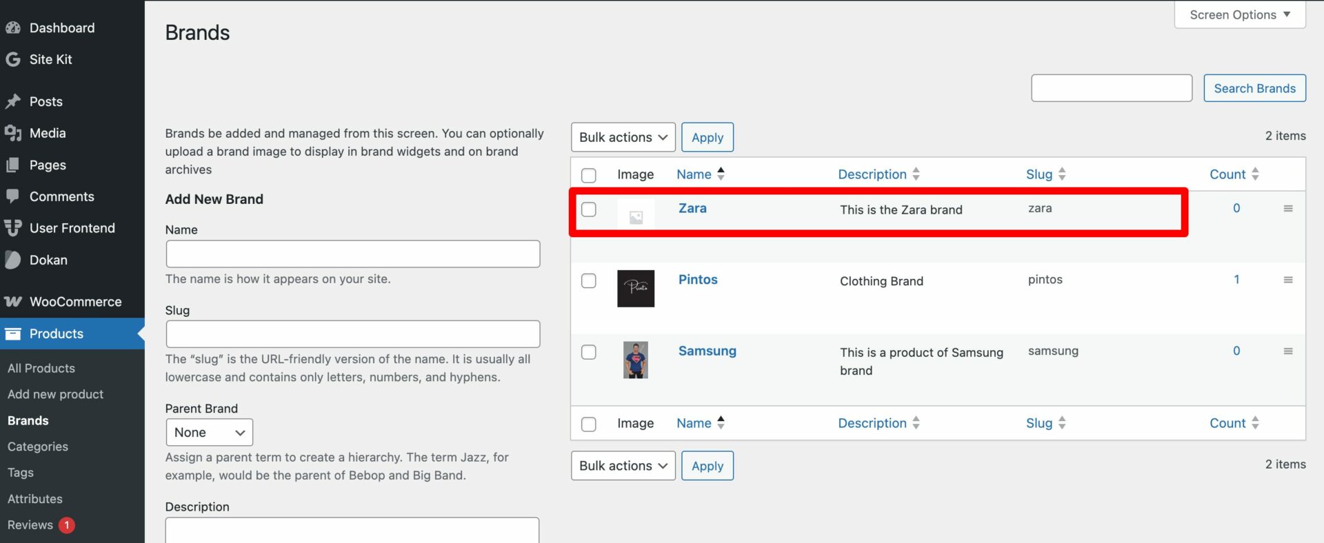 This is a screenshot of brand added