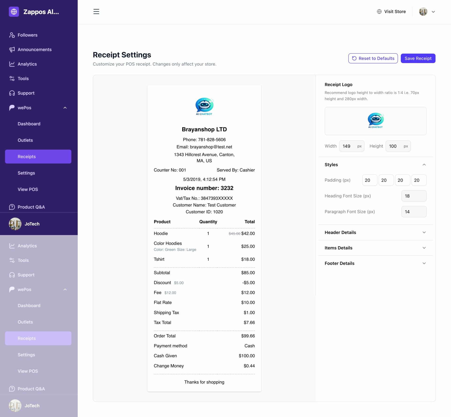 Vendor dashboard receipts