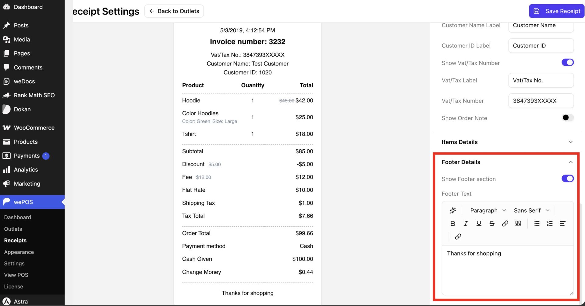 This is a screenshot of wePos receipt setting
