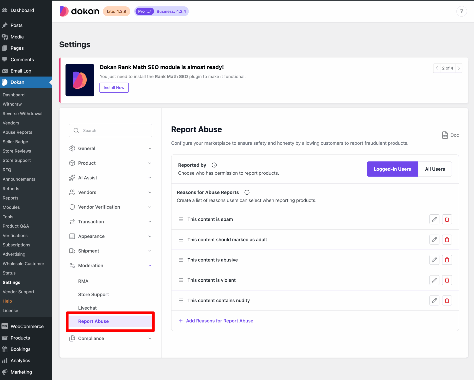 This is a screenshot of report abuse settings