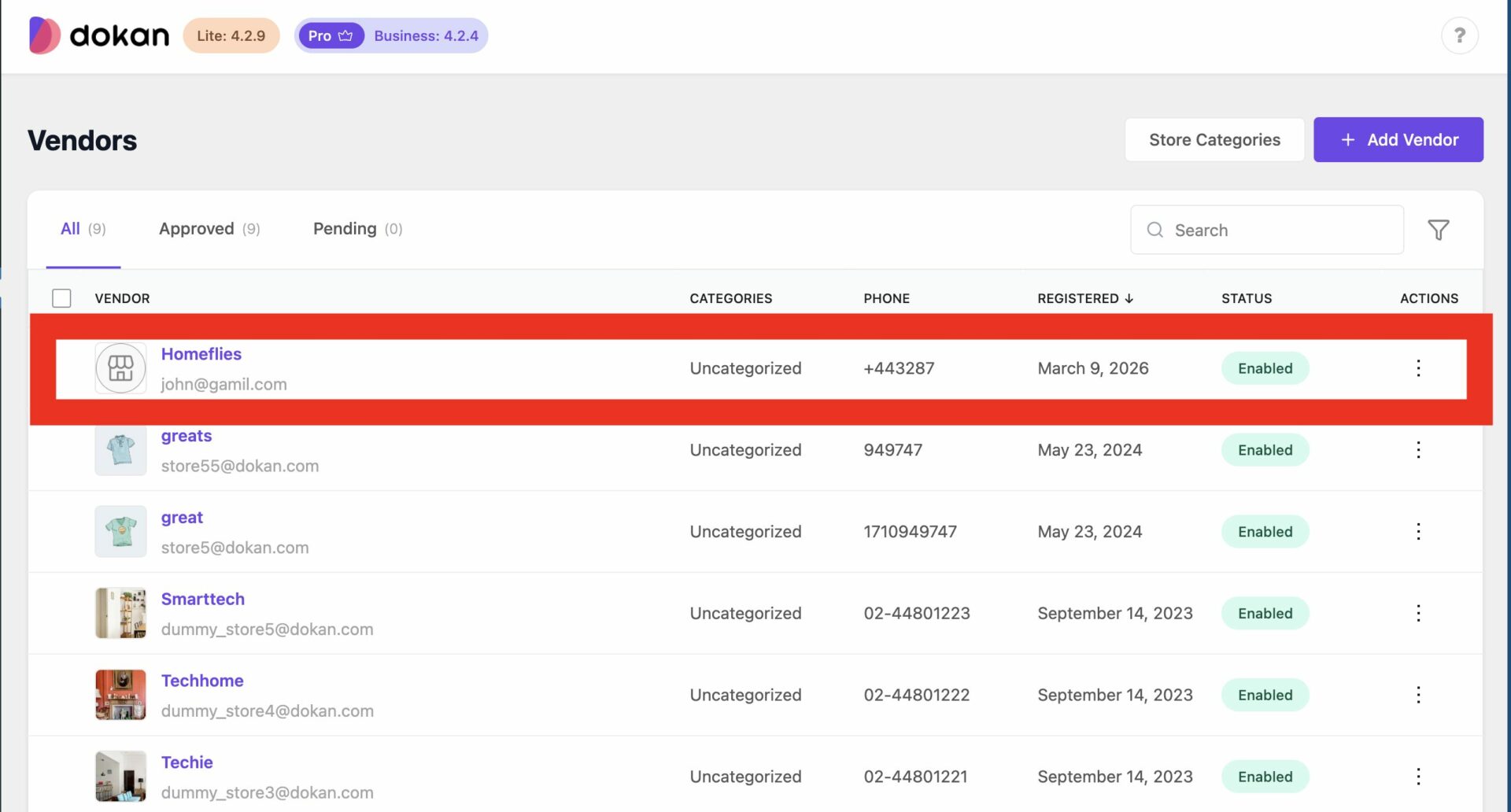 this is a screenshot of  Vendor lis