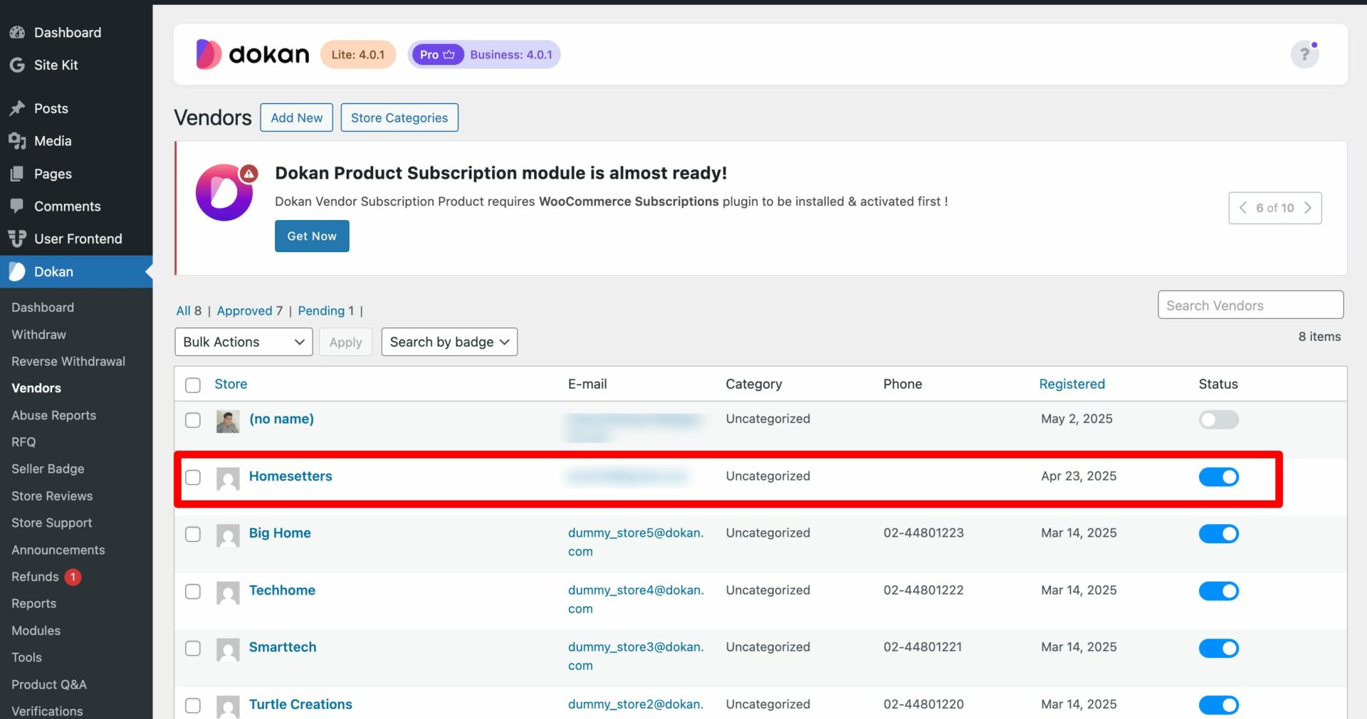 this is a screenshot of Vendor list