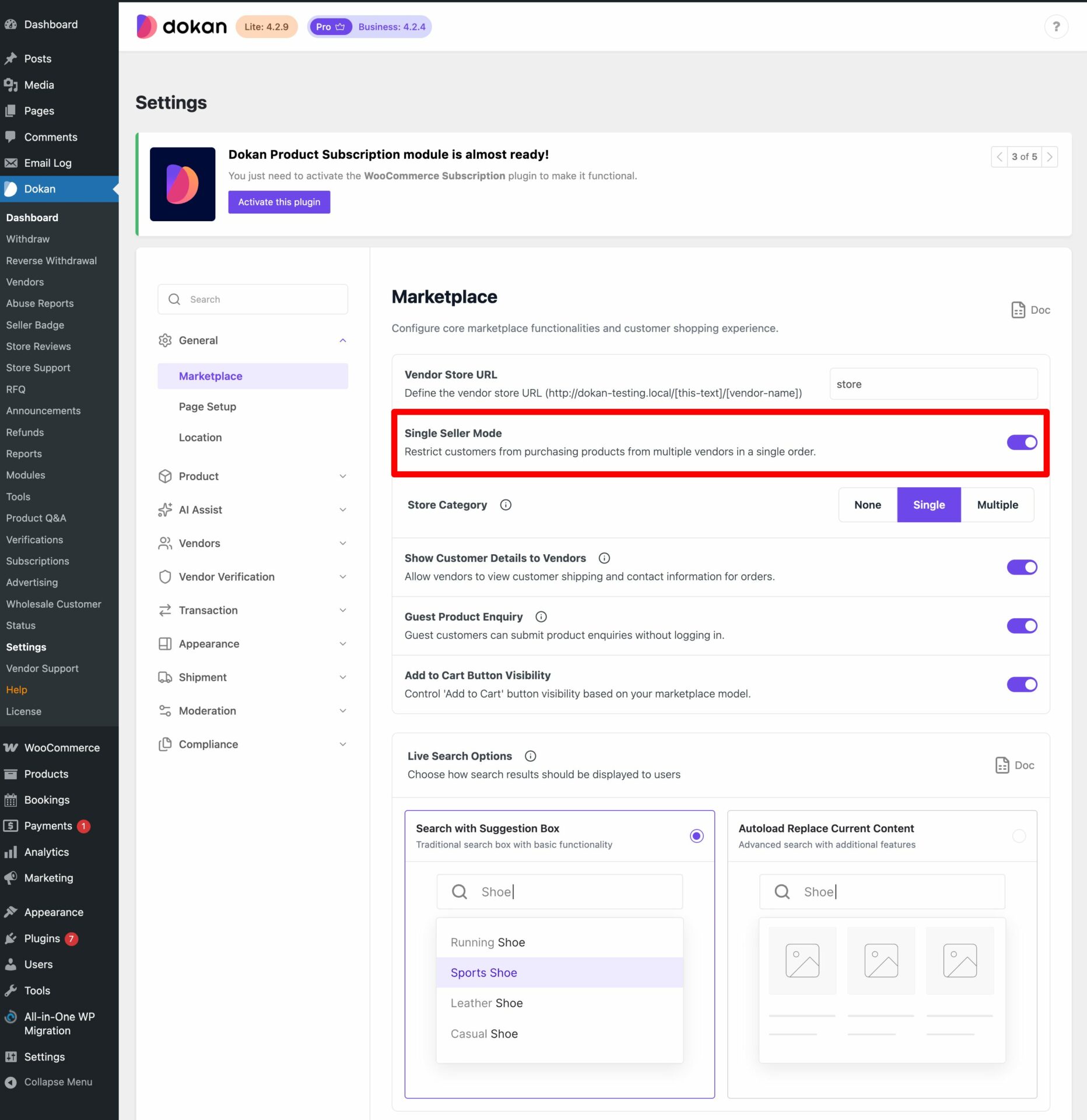 This is a screenshot of enabling single seller mode from Dokan settings