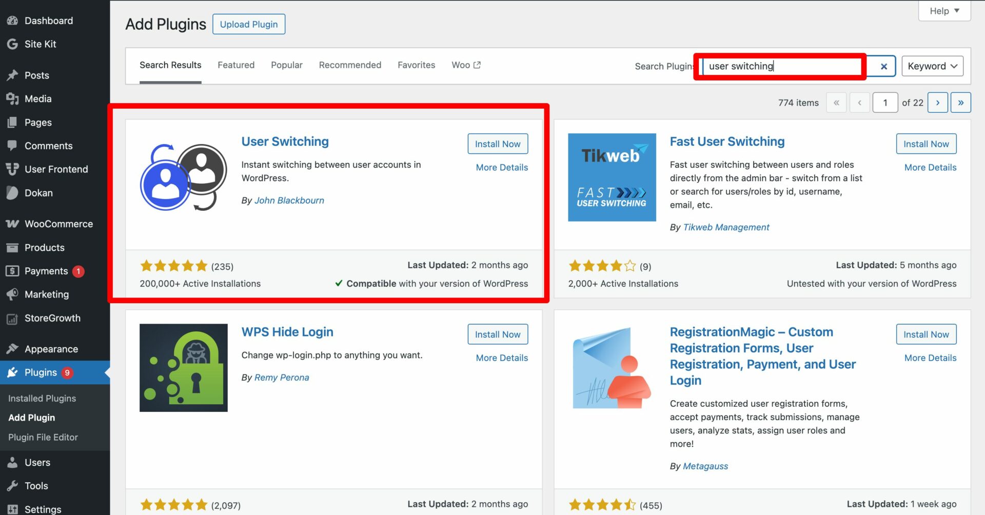 This is a screenshot of user switching plugin