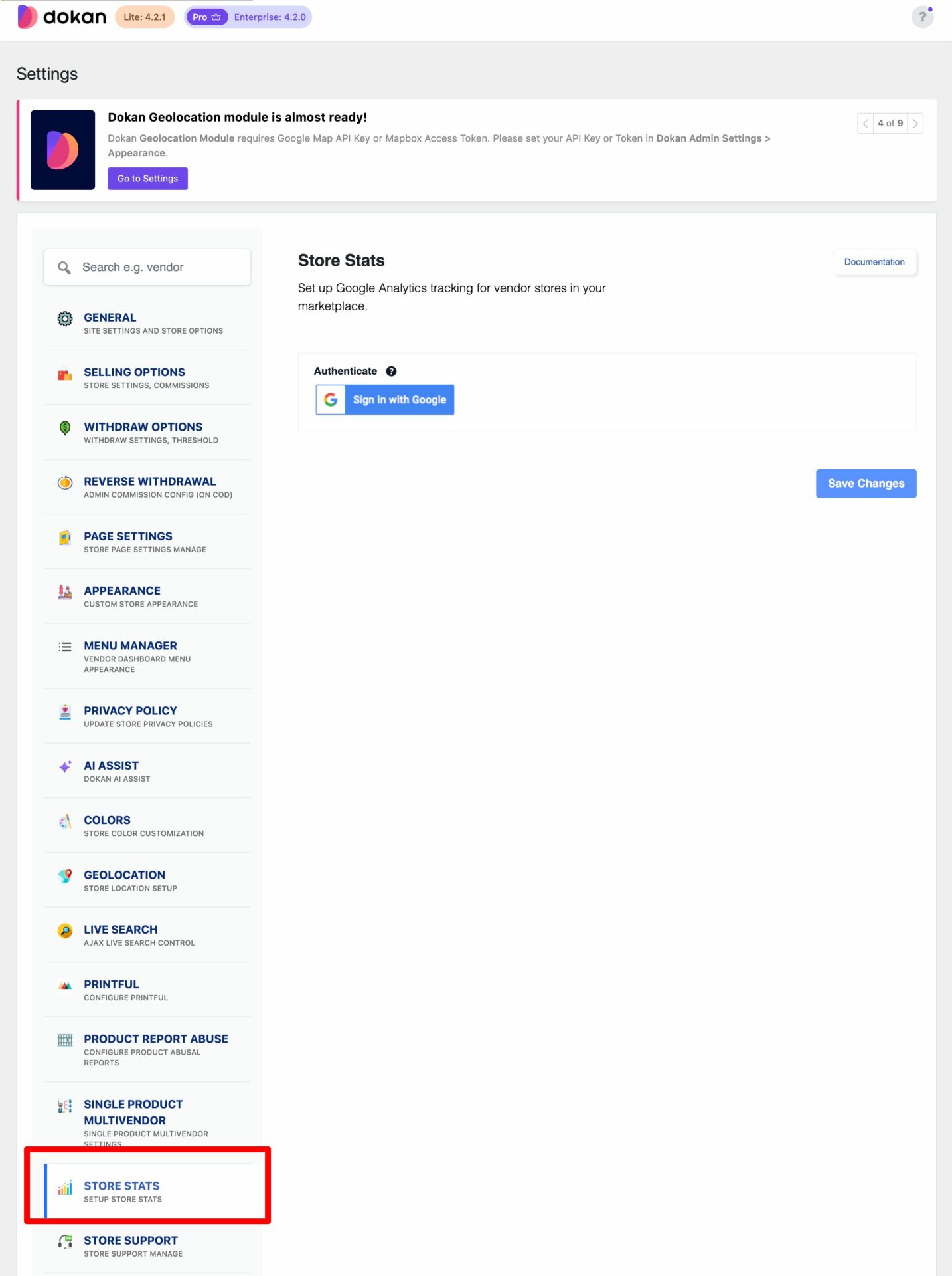 this is a screenshot of settings Store Stats