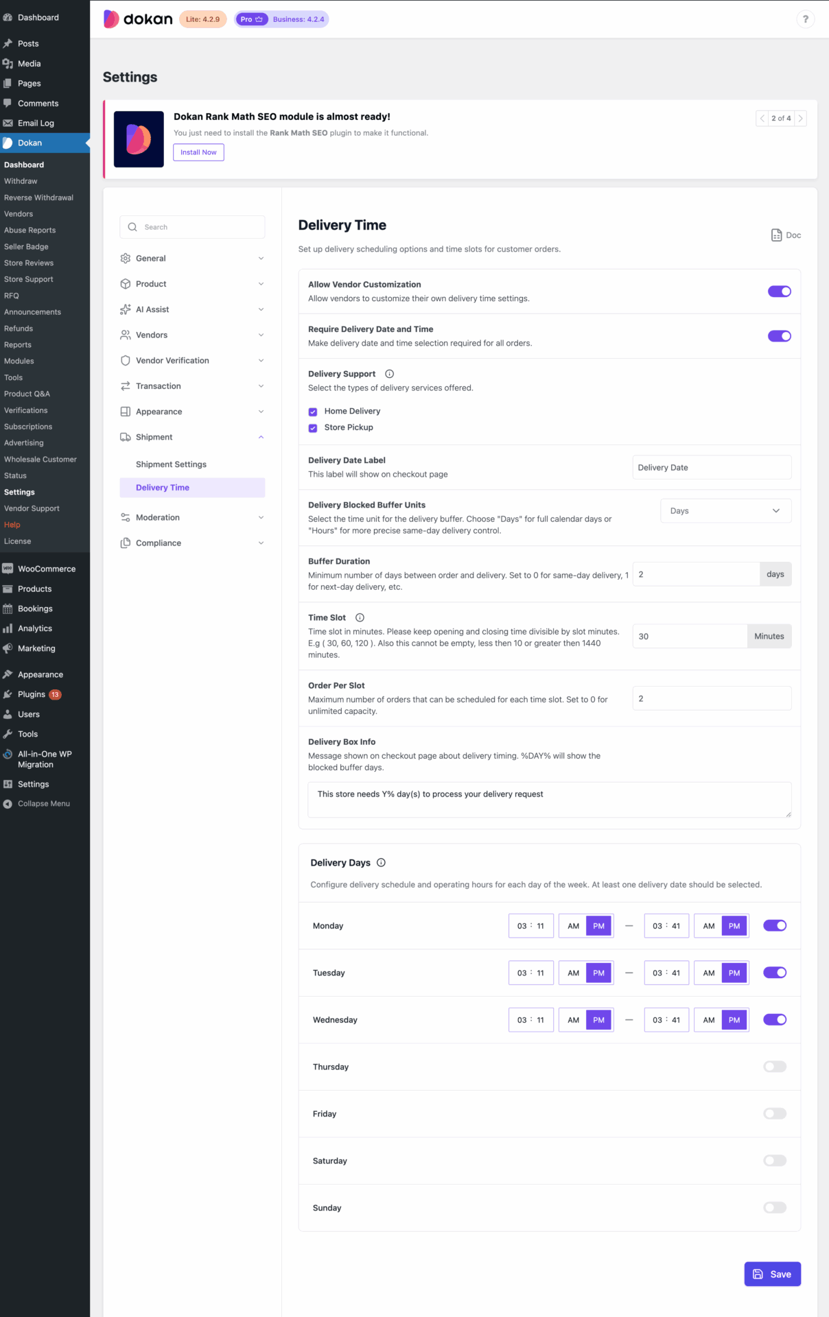 This is a screenshot of Delivery Time Settings