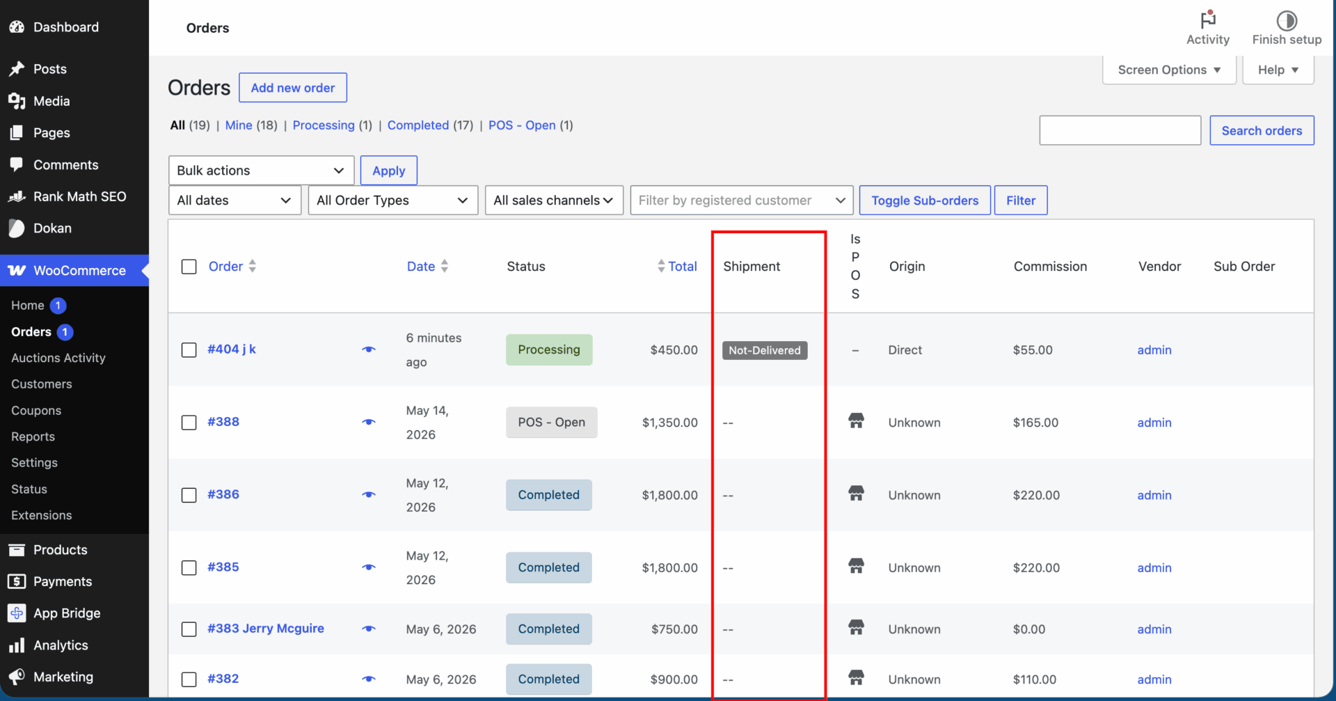 This image shows admin view Dokan shipping status