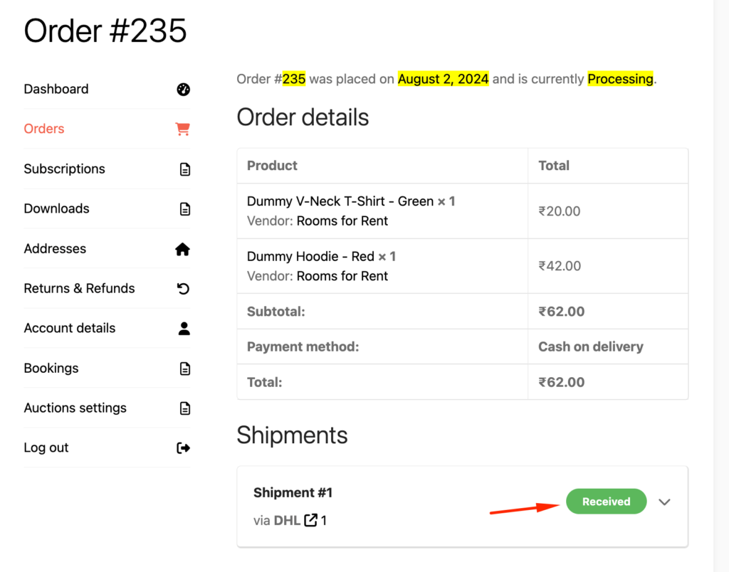 This is a screenshot of order received by customer