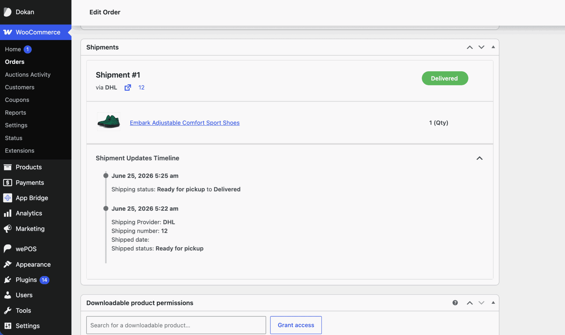 This image shows admin order details