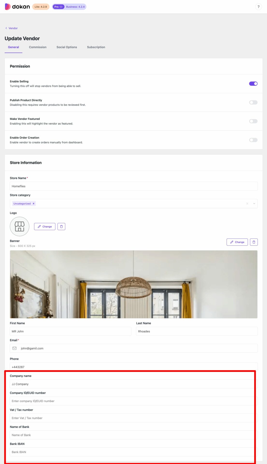 This is a screenshot of update vendor