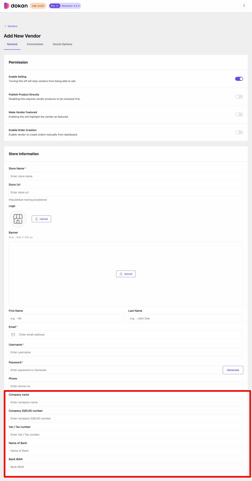 This is a screenshot of vendor extra fields