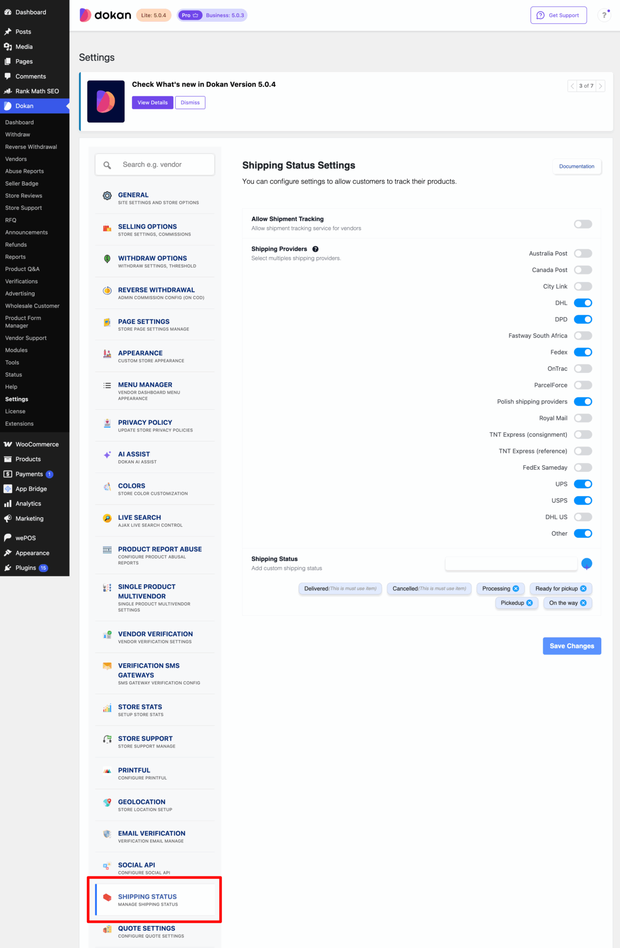 this is a screenshot of shipping status settings