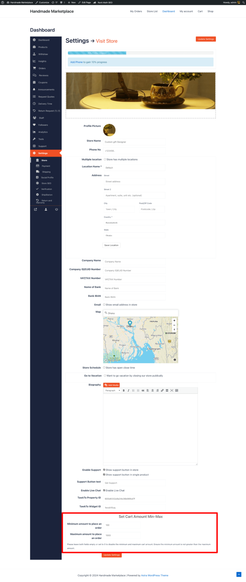 This is a screenshot of min-max in vendor dashboard