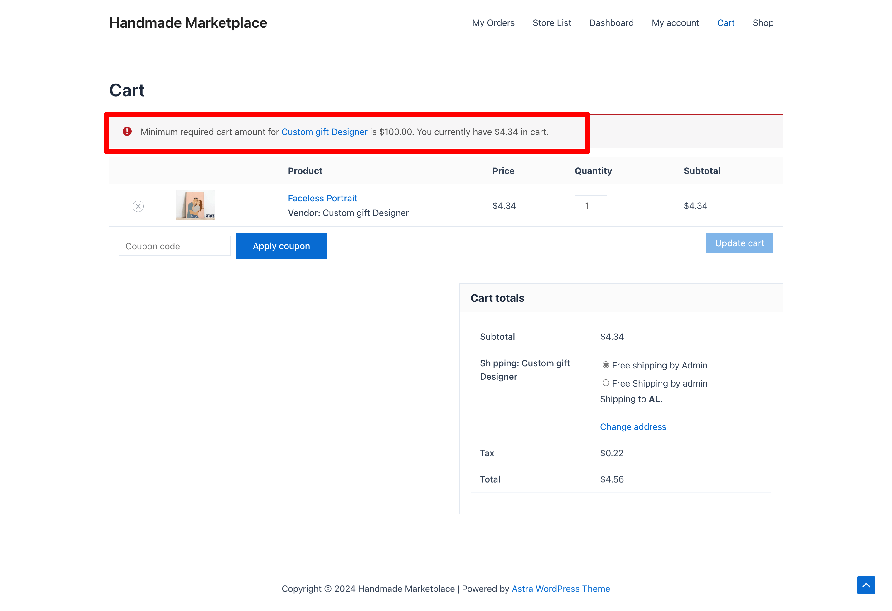 This is a screenshot of minimum order in the cart