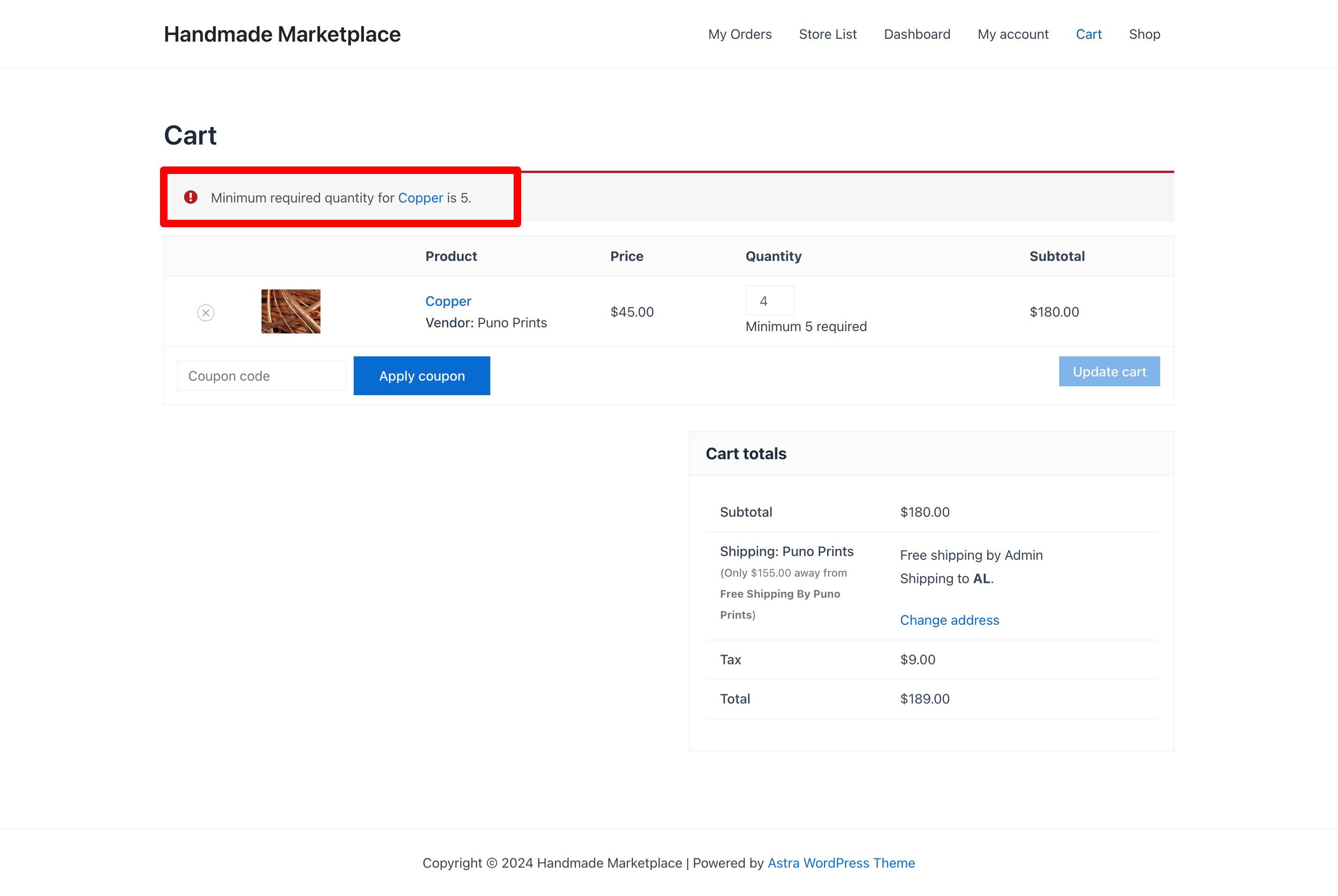 This is a screenshot of not enough product on Cart