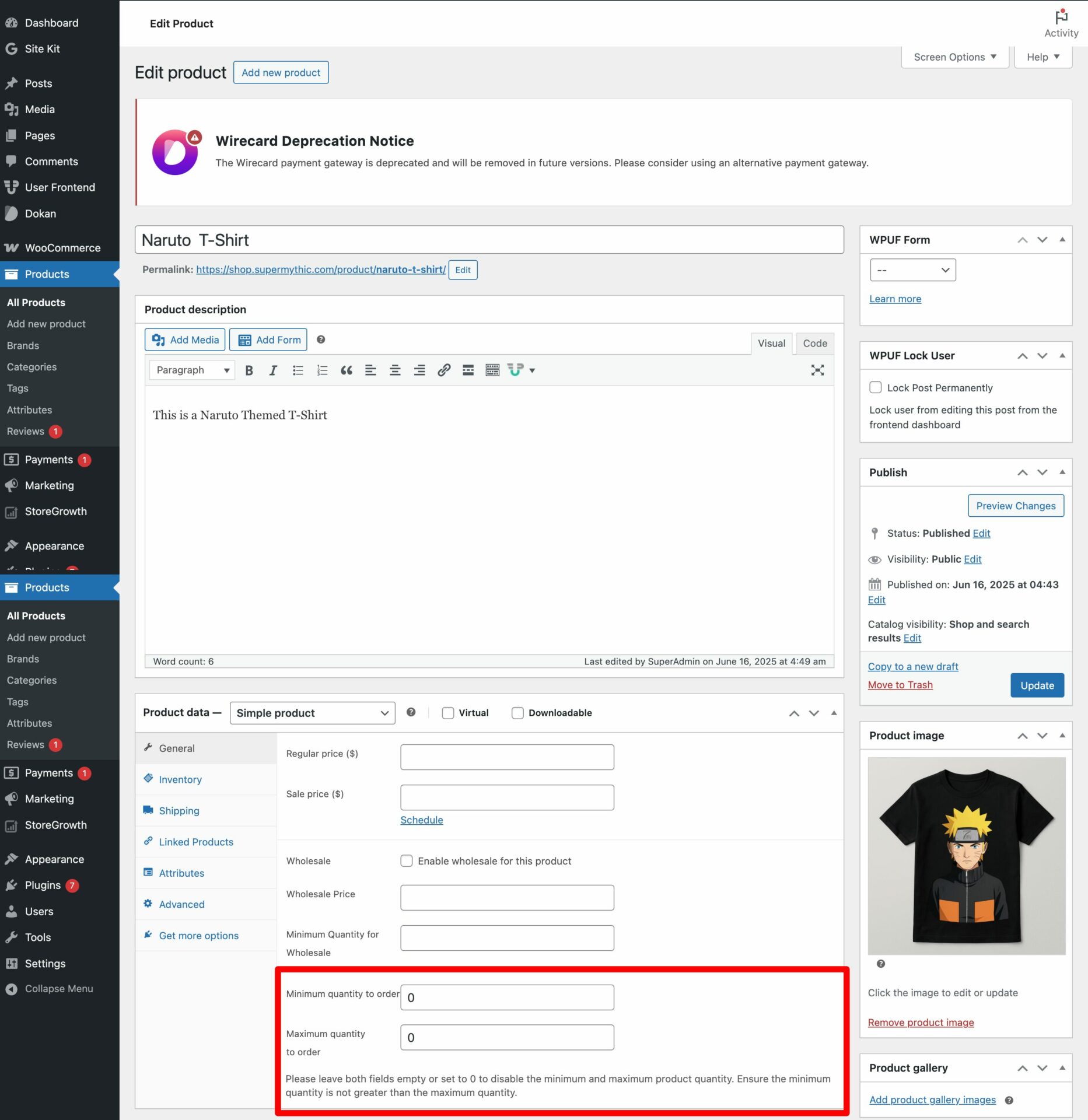 This is a screenshot of Min max in product editor