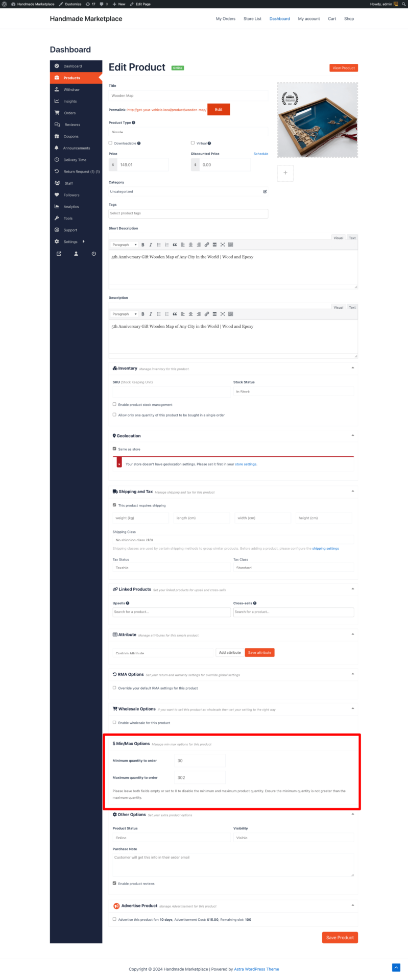 this is a screenshot of individual product min max on vendor dashboard