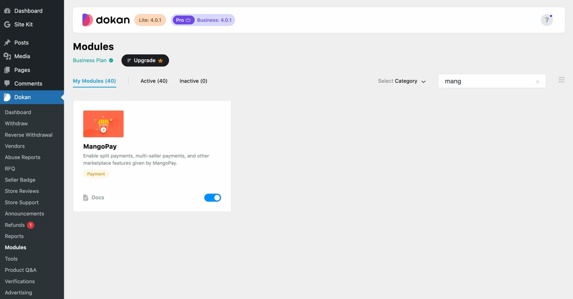 This is a screenshot of mangopay module