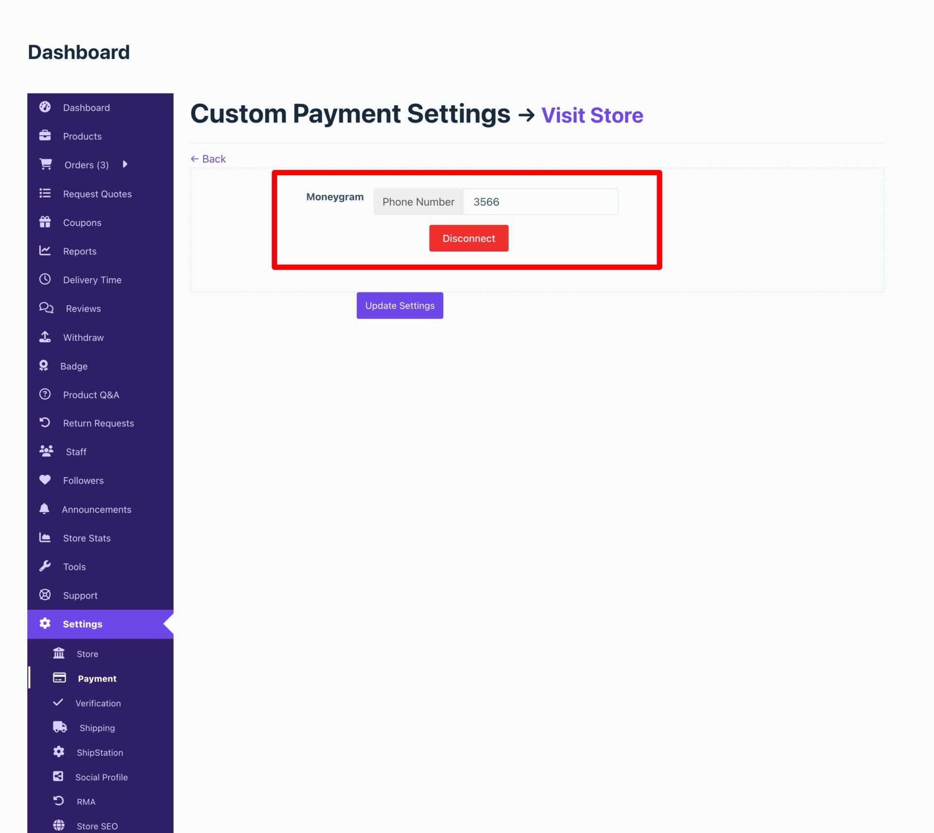 This is a screenshot of manage withdrawal