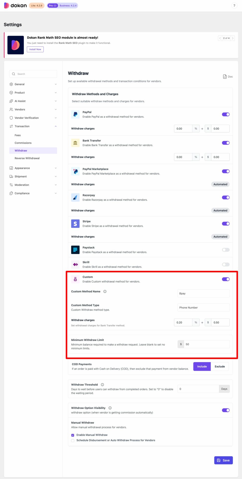 this is a screenshot of the Custom Withdraw method