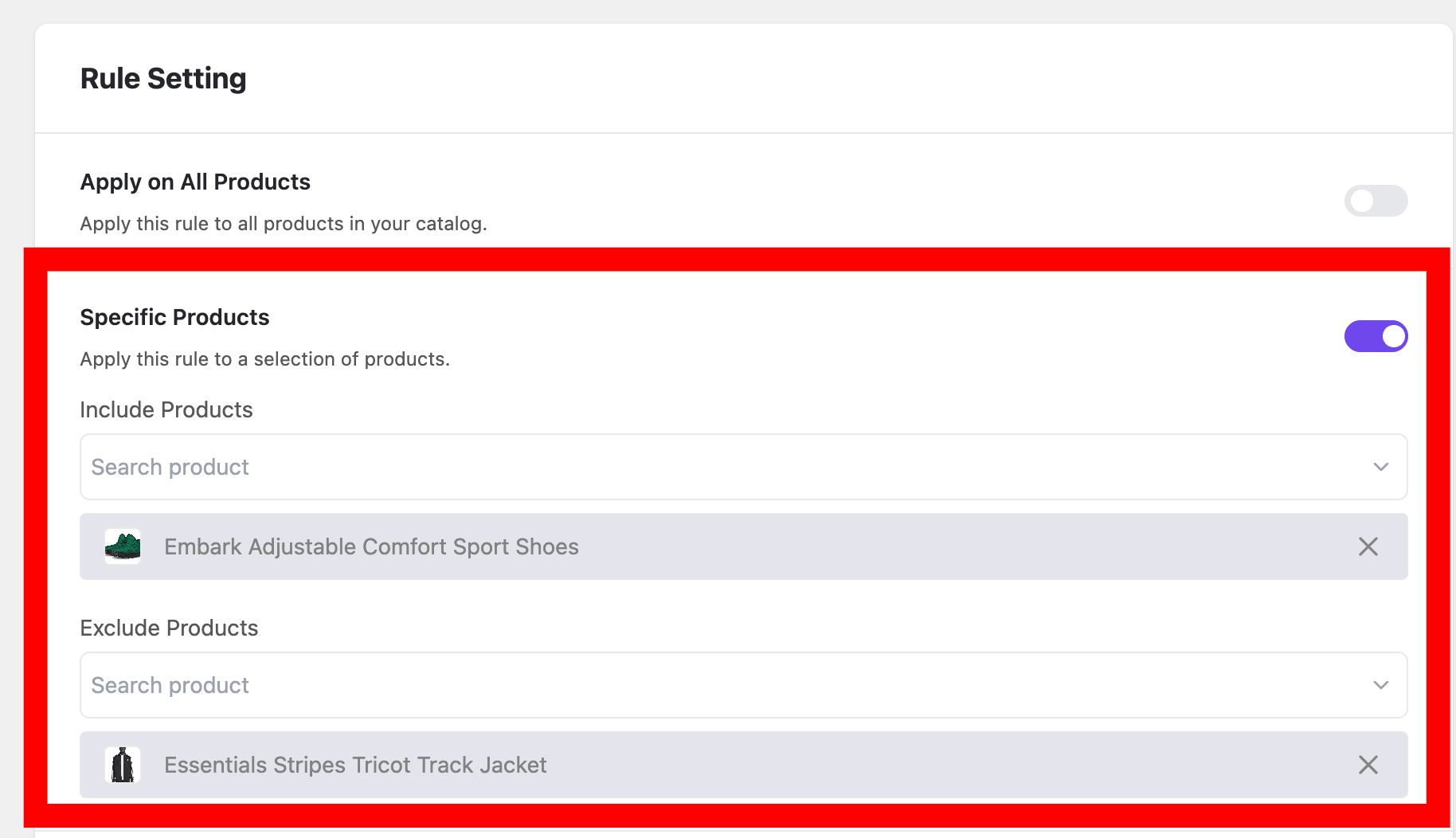This is a screenshot of including and excluding products