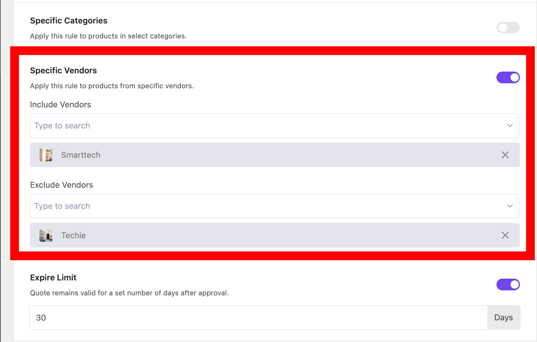 This is a screenshot of including and excluding specific vendors