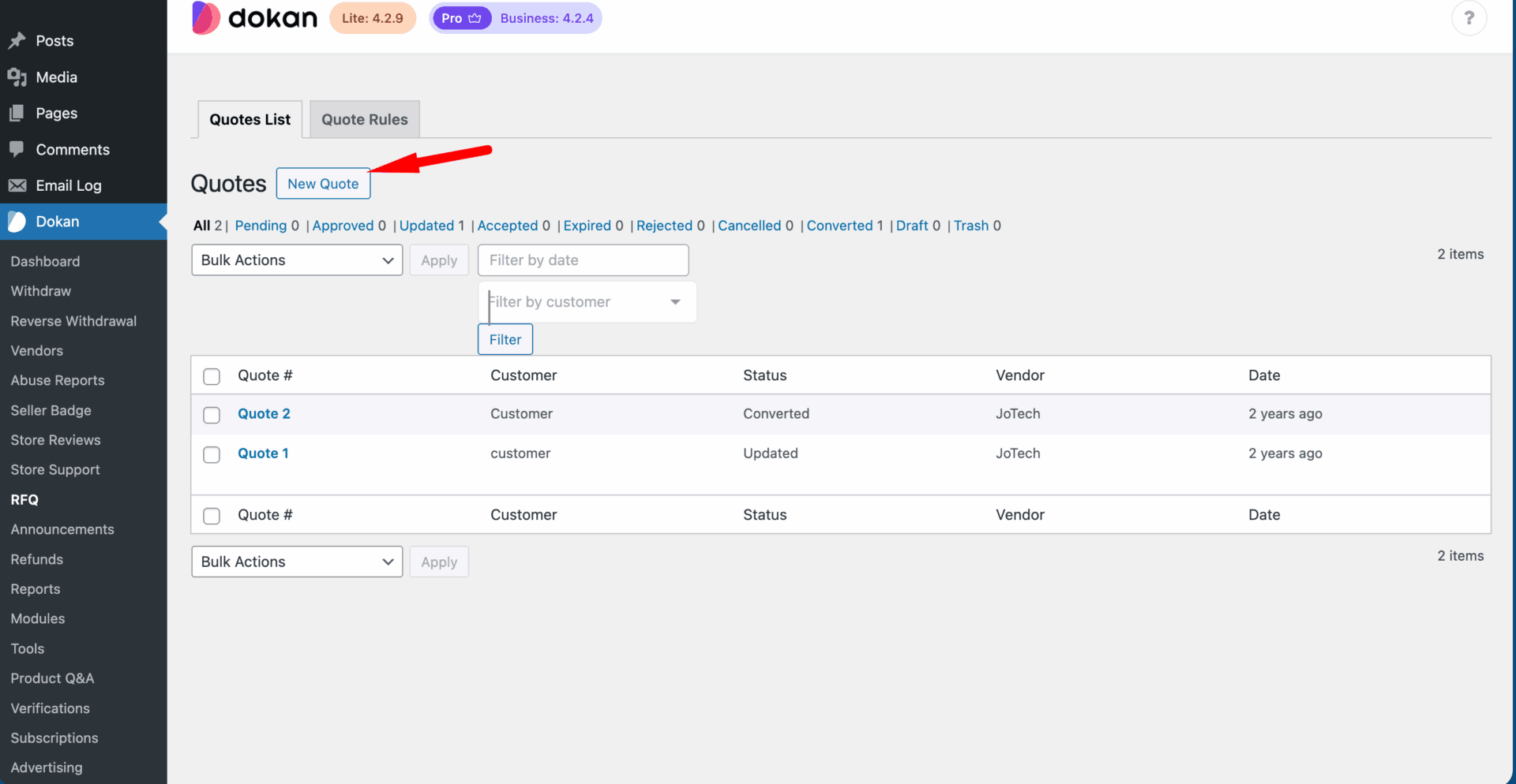 This is a screenshot of new quote