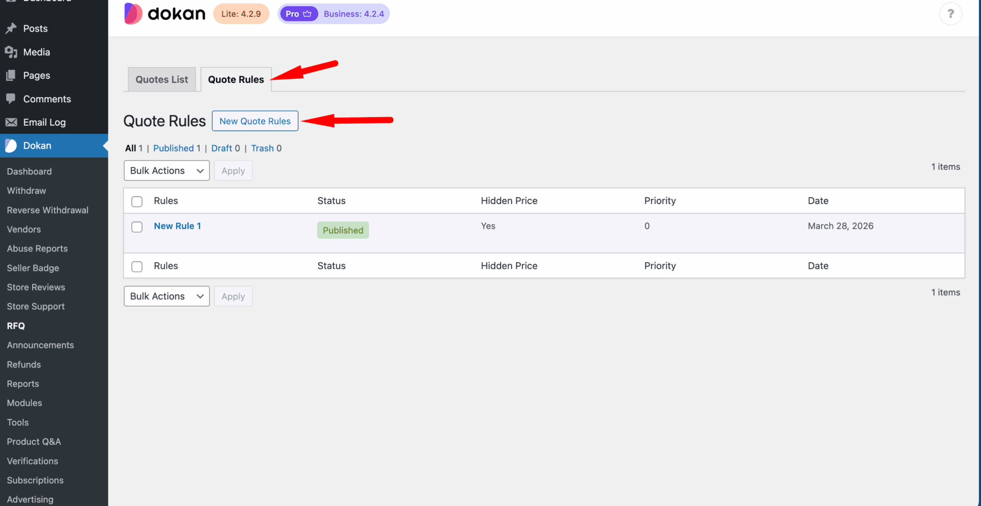 This is a screenshot of quote rules