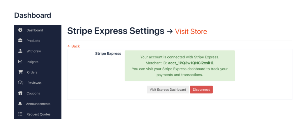 This is a screenshot of stripe connected