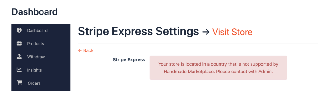 This is a screenshot of stripe express not supported by the country