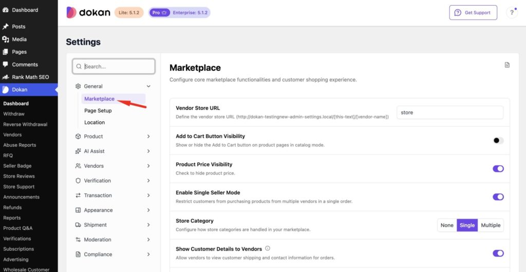 This image shows Dokan Go to Settings page