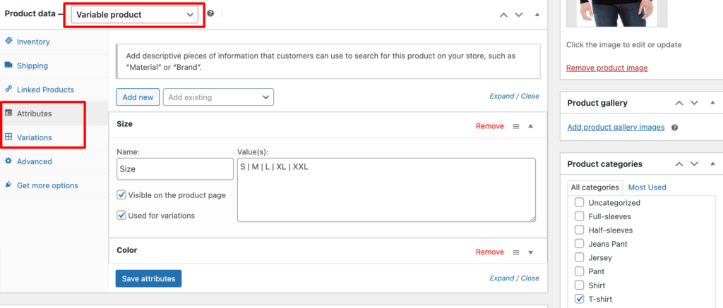 This screenshot shows how to set attributes for a variable product. 