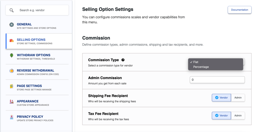 This is a screenshot of Dokan Commission Settings