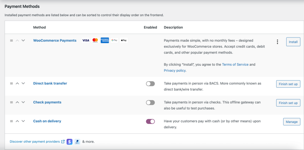 This is a screenshot of the Payment Methods