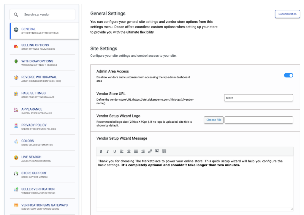 A screenshot showing Dokan general setting options