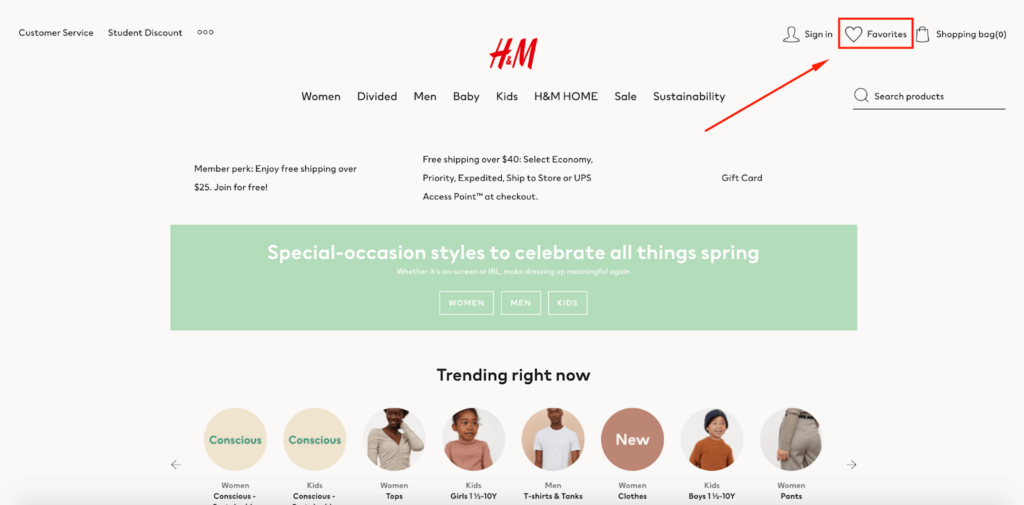 A screenshot of H&M using Wishlist on their homepage