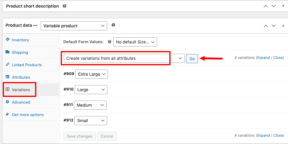 This image shows the variations tab to create variations for all the attributes. 