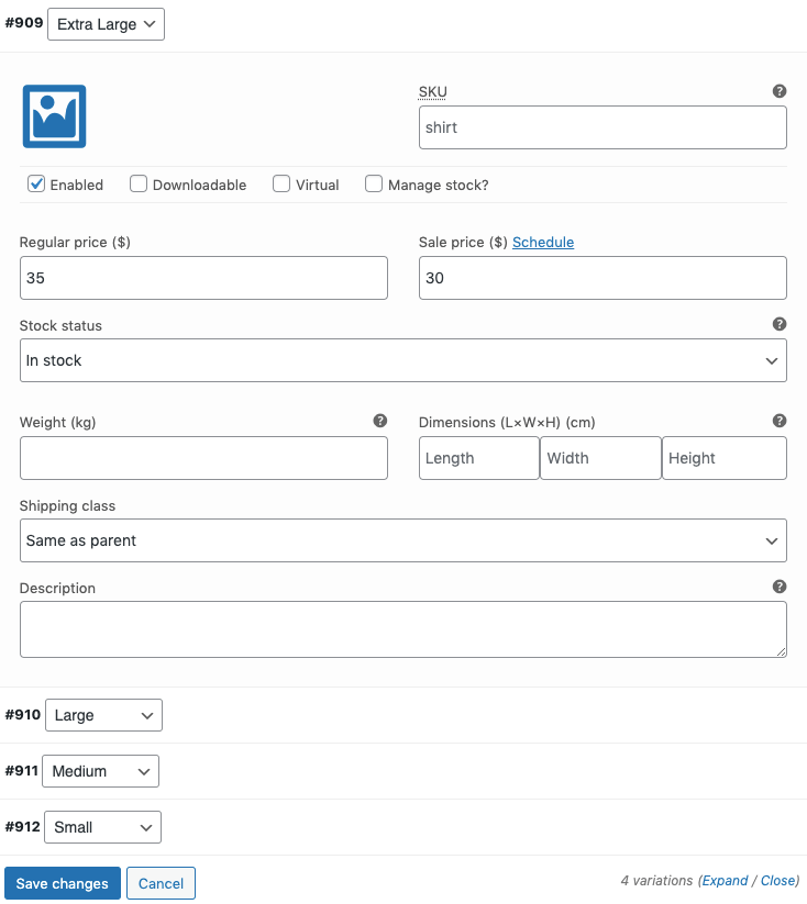 It's a screenshot that shows how to configure the product variation