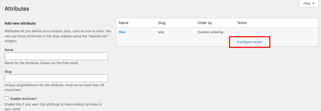 This screenshot shows how to configure terms in WooCommerce.