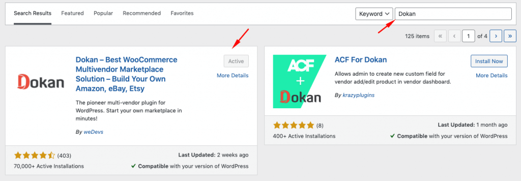 This is a screenshot of how to install Dokan from WordPress backend create an online book store marketplace 