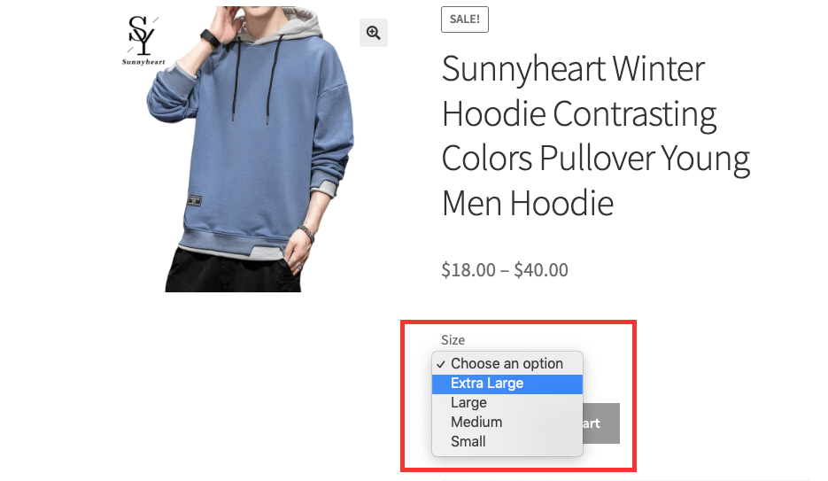 Preview of the how to add sizes to WooCommerce product 