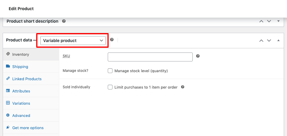 This image shows how to assign product type from the drop-down menu